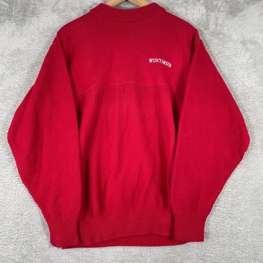 Wisconsin Andrew Rohan Sweater Mens‎ Medium Red Textured Knit Cotton Made in USA